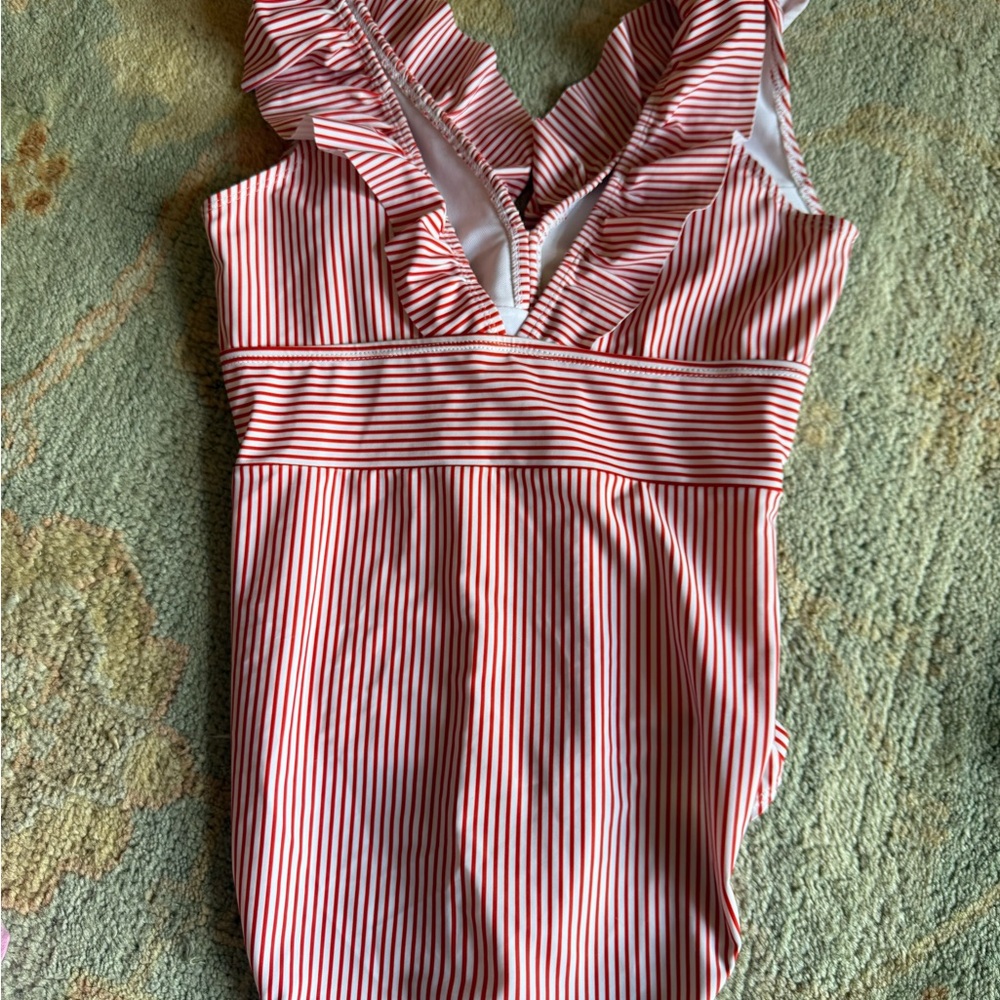 Red and White Striped Ruffle Swimsuit size M (8)